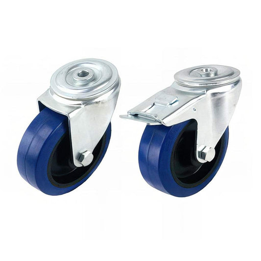 Medium single bolt hole castor with blue elastic rubber tyre and black nylon wheel, swivel and swivel braked options, 120-400kg capacity