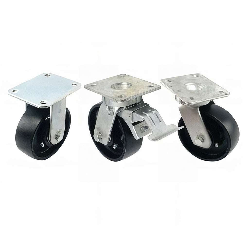 Heavy duty fabricated plate fitting castor with black cast iron wheel and zinc plated fork, 400-900kg capacity