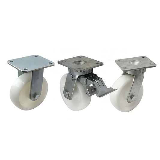 Heavy duty fabricated plate fitting castor with nylon wheel and zinc plated fork