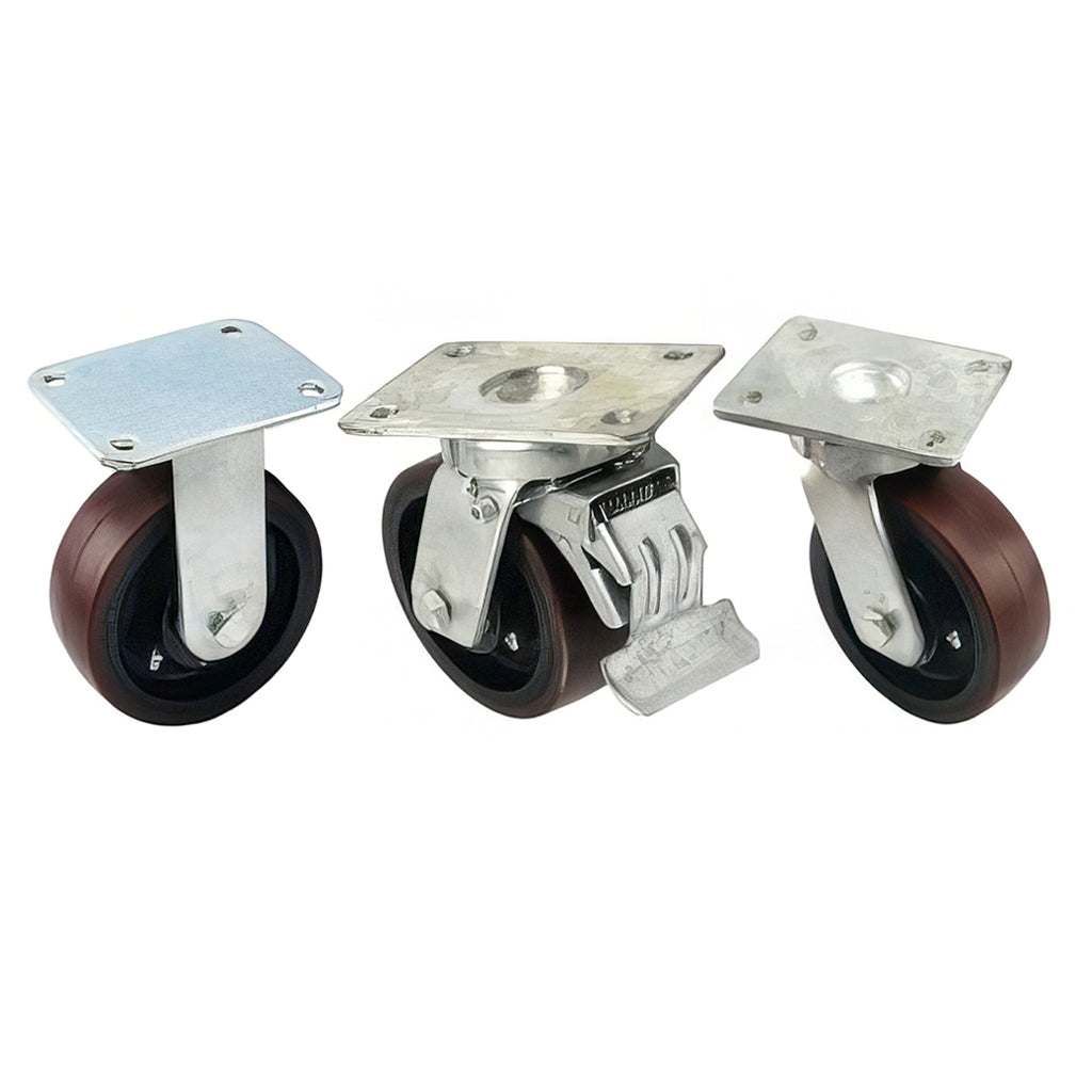 Heavy duty fabricated plate fitting castor with brown polyurethane tyre and cast iron wheel, 300-900kg capacity