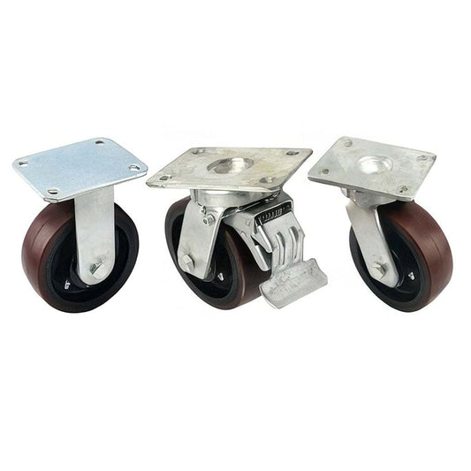 Heavy duty fabricated plate fitting castor with brown polyurethane tyre and cast iron wheel, 300-900kg capacity