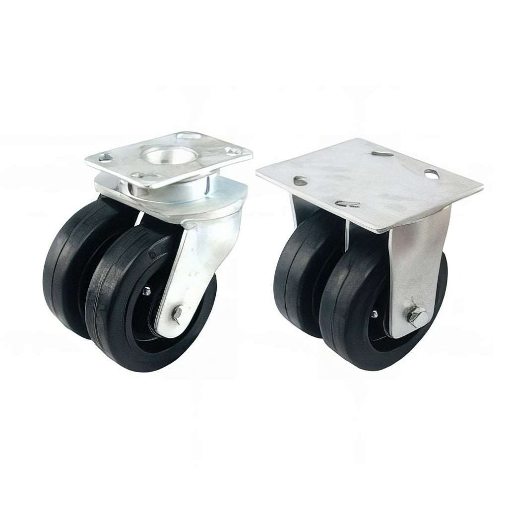 Heavy duty plate mounted twin wheel castor with black rubber tyre and cast iron wheel, swivel and fixed options, 360-1200kg capacity