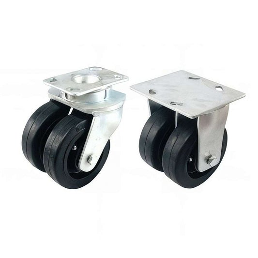 Heavy duty plate mounted twin wheel castor with black rubber tyre and cast iron wheel, swivel and fixed options, 360-1200kg capacity
