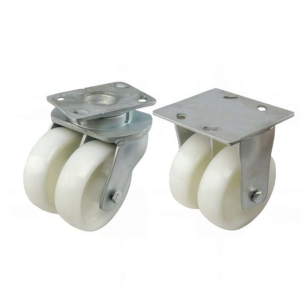 Heavy duty twin wheel plate mounted castor with white nylon wheels and zinc plated steel frame, 1500kg capacity