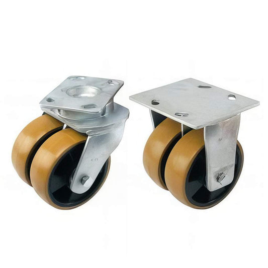 Heavy duty plate mounted twin wheel castor with brown polyurethane tyre and black nylon wheel