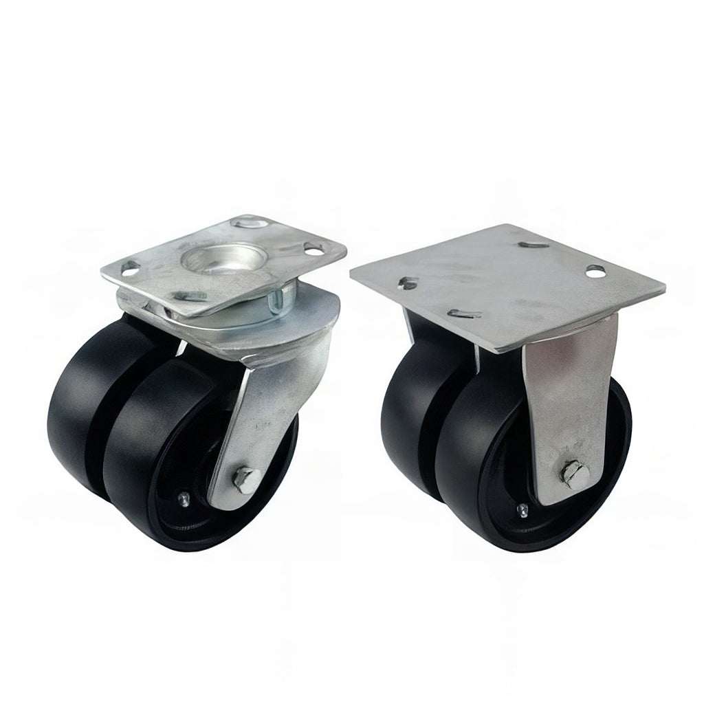 Heavy duty plate mounted twin wheel castor with cast iron wheels and swivel head