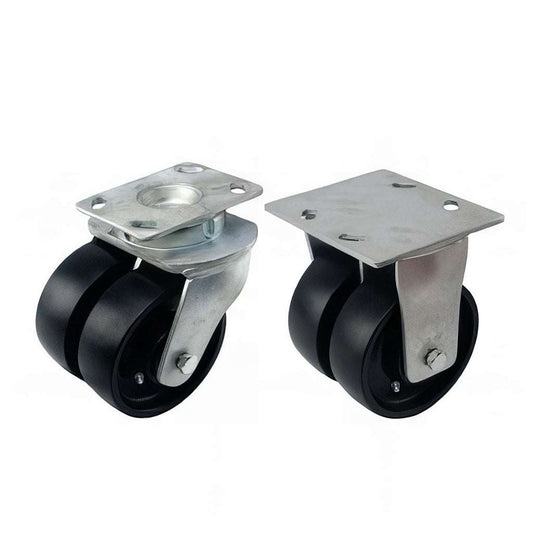 Heavy duty plate mounted twin wheel castor with cast iron wheels and swivel head