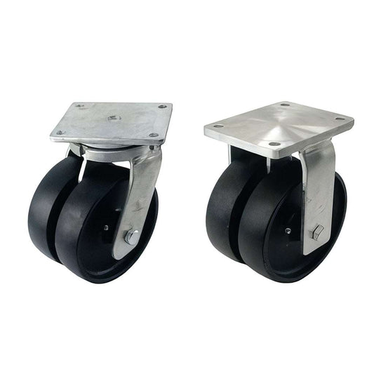 Heavy duty plate mounted twin wheel castor with cast iron wheels and sealed swivel head bearings