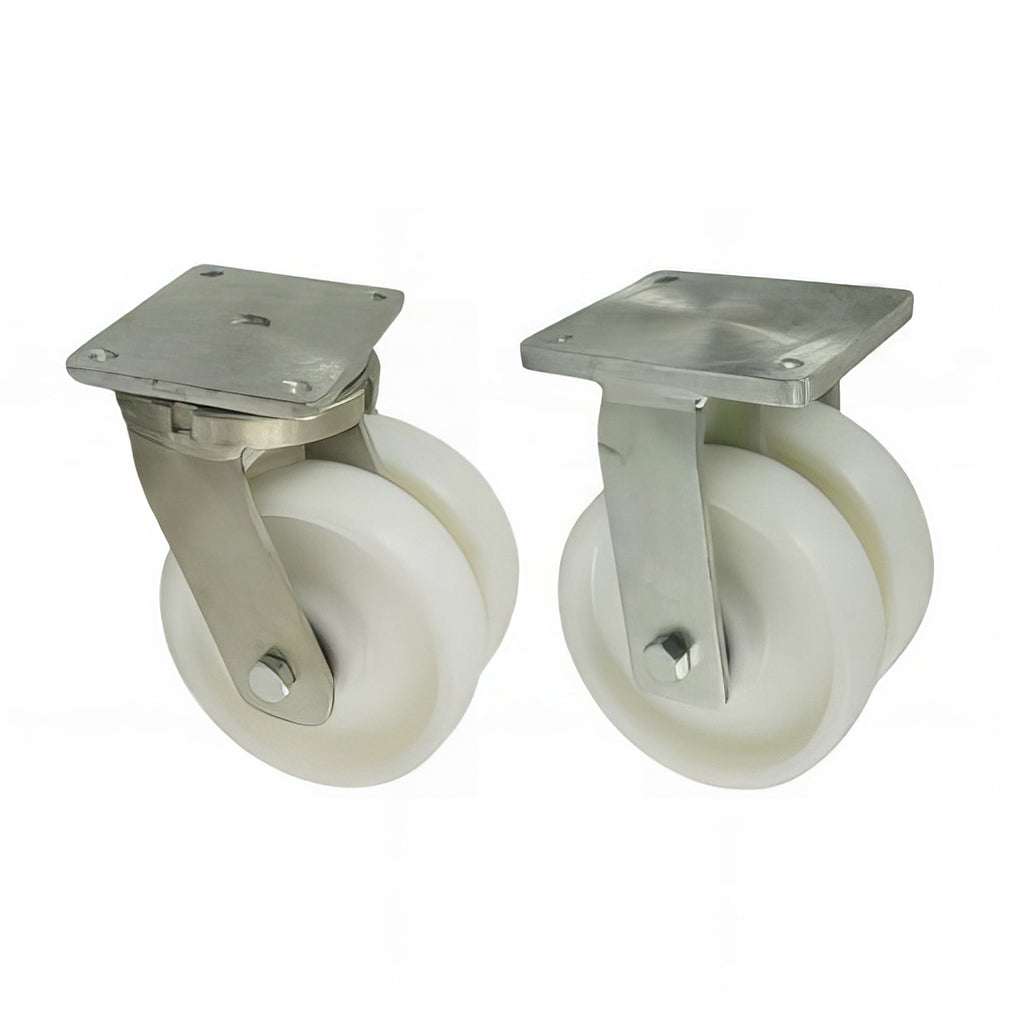 Heavy duty twin wheel plate mounted castor with nylon wheels and zinc plated steel housing