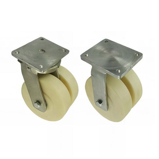 Heavy duty plate mounted twin wheel castor with nylon wheels and zinc plated steel housing, 3000kg capacity