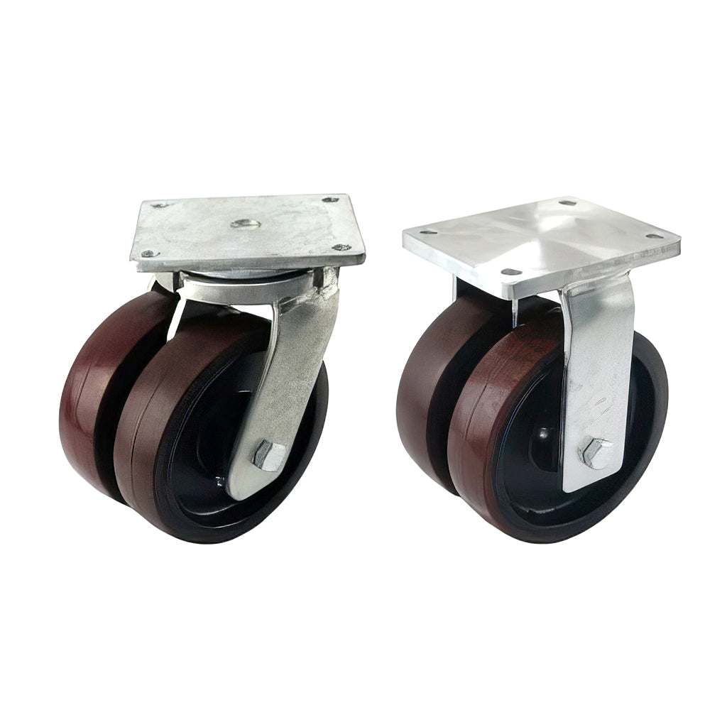Heavy duty plate mounted twin wheel castor with brown polyurethane tyre and cast iron wheel