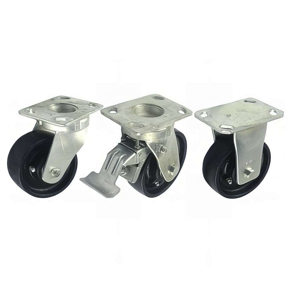Heavy duty plate mounted castor with cast iron wheel and sealed swivel head