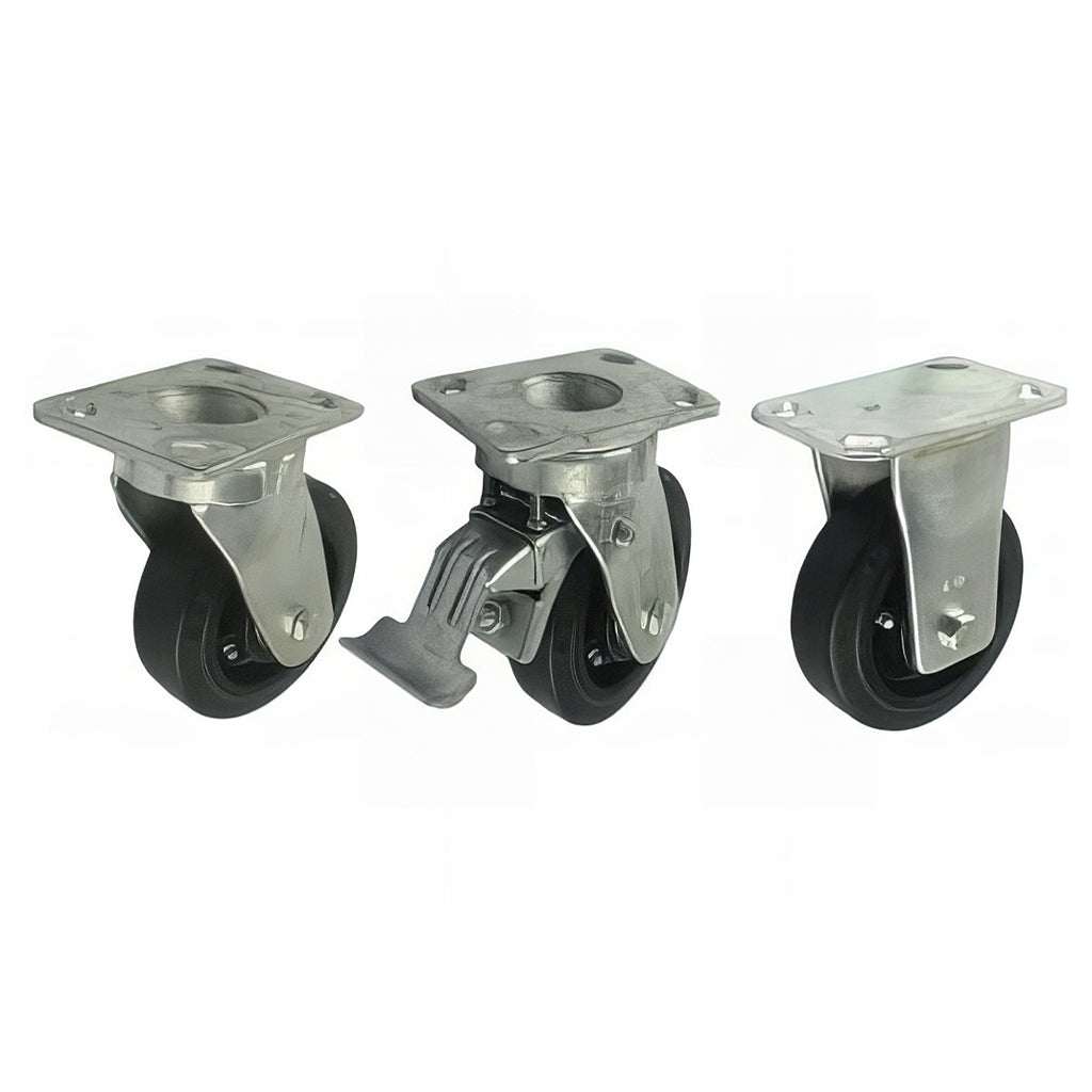 Heavy duty plate mounted castor with black rubber tyre and cast iron wheel, zinc plated steel housing, sealed swivel head with grease nipple