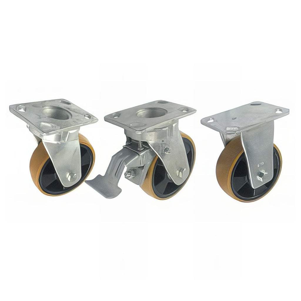 Heavy duty plate mounted castor with brown polyurethane tyre and nylon wheel, 600-800kg capacity, zinc plated steel housing, sealed swivel head with grease nipple