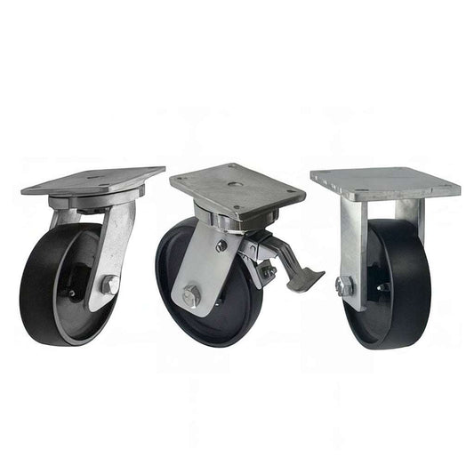 Heavy duty plate mounted castor with cast iron wheel and zinc plated steel housing