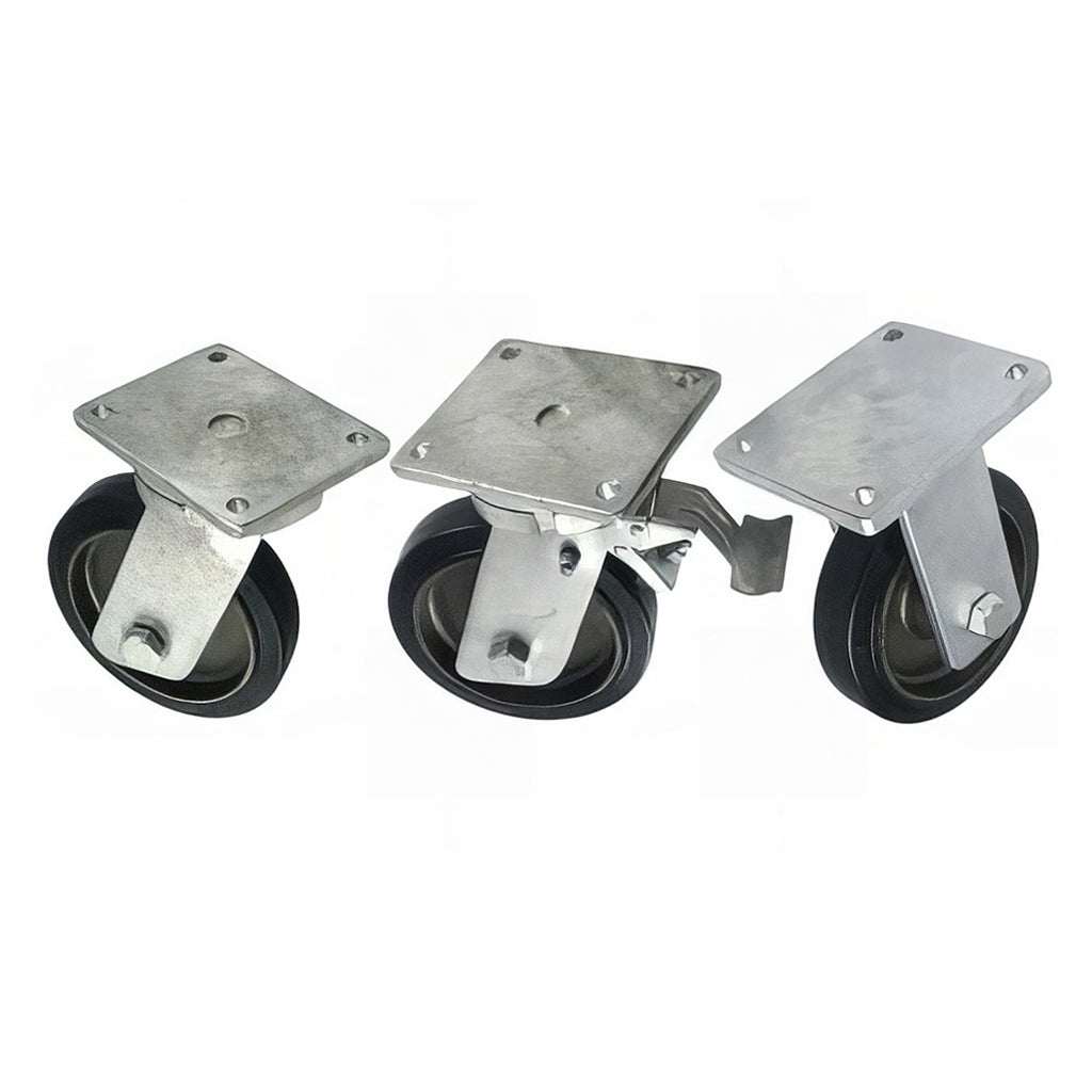 Extra heavy duty plate mounted castor with black rubber tyre and cast iron wheel 400-850kg capacity