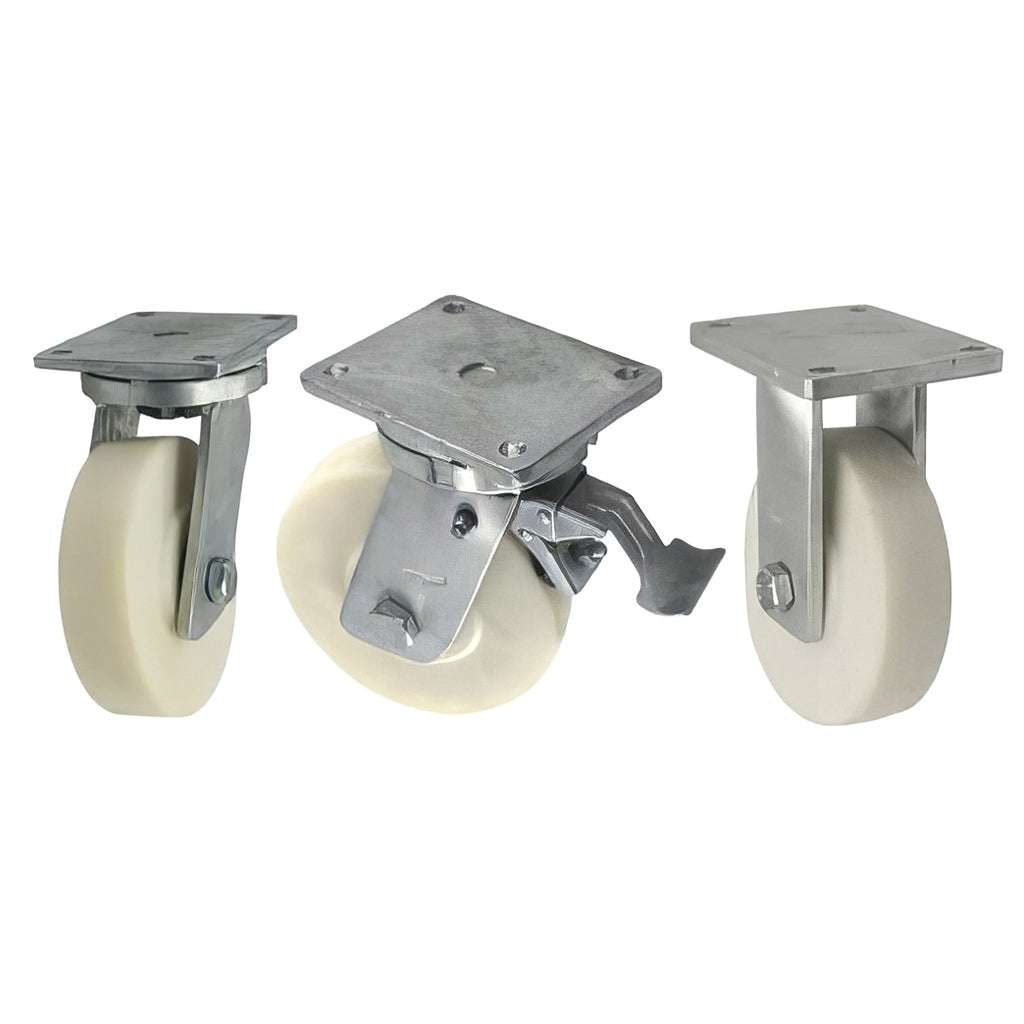 Heavy duty plate mounted castor with zinc plated steel housing and nylon wheel 2500-3000kg capacity