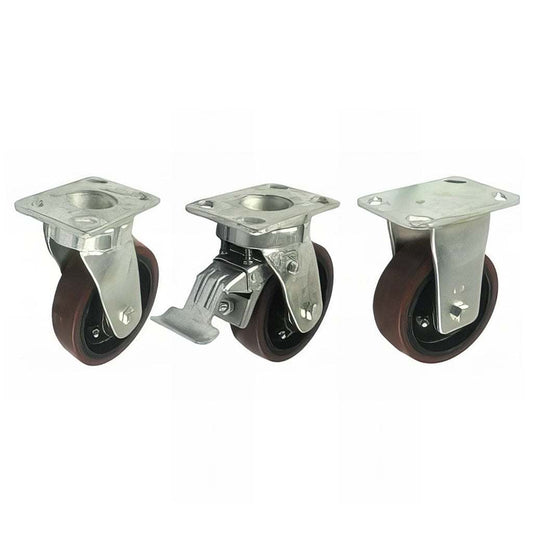 Heavy duty plate mounted castor with brown polyurethane tyre and cast iron wheel, zinc plated steel housing