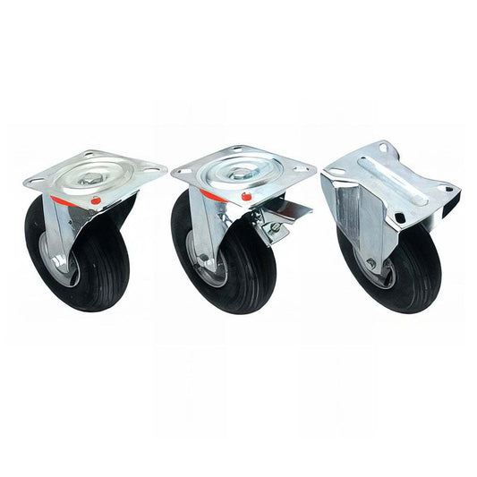 Medium plate fitting castor with pneumatic tyre and steel wheel, zinc plated pressed steel frame, 200mm ribbed tread and 260mm diamond tread options