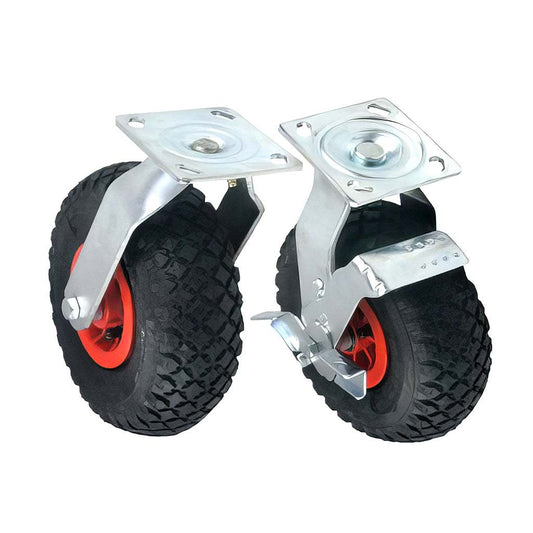 Medium plate mounted castor with pneumatic tyre and plastic wheel, zinc plated steel frame, swivel and fixed options, side brake available