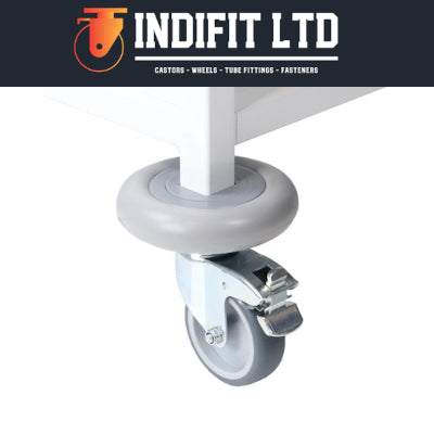 Castor buffers with soft EVA rotating foam tyres protecting wheels and surfaces from impact damage.