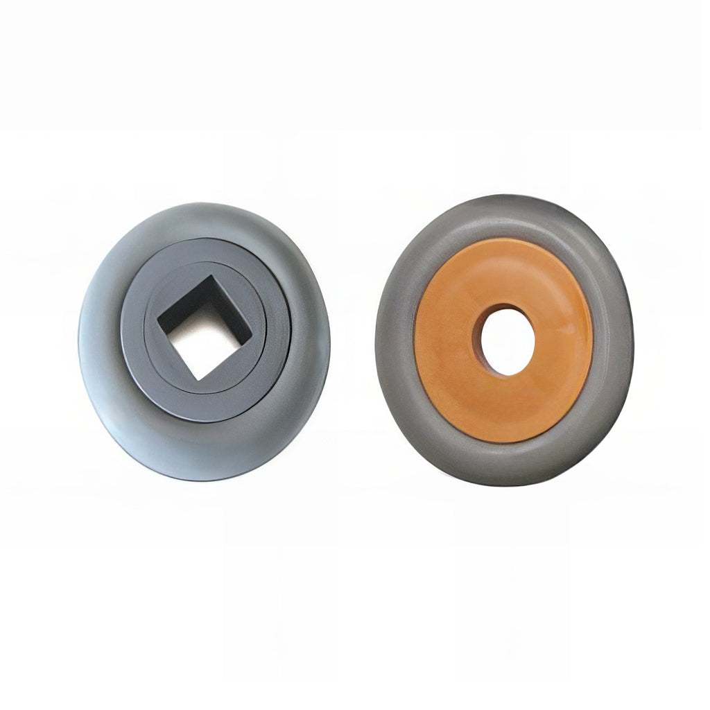 Castor buffers with soft EVA foam cushioning rotating on equipment wheels to protect against impact damage and wear