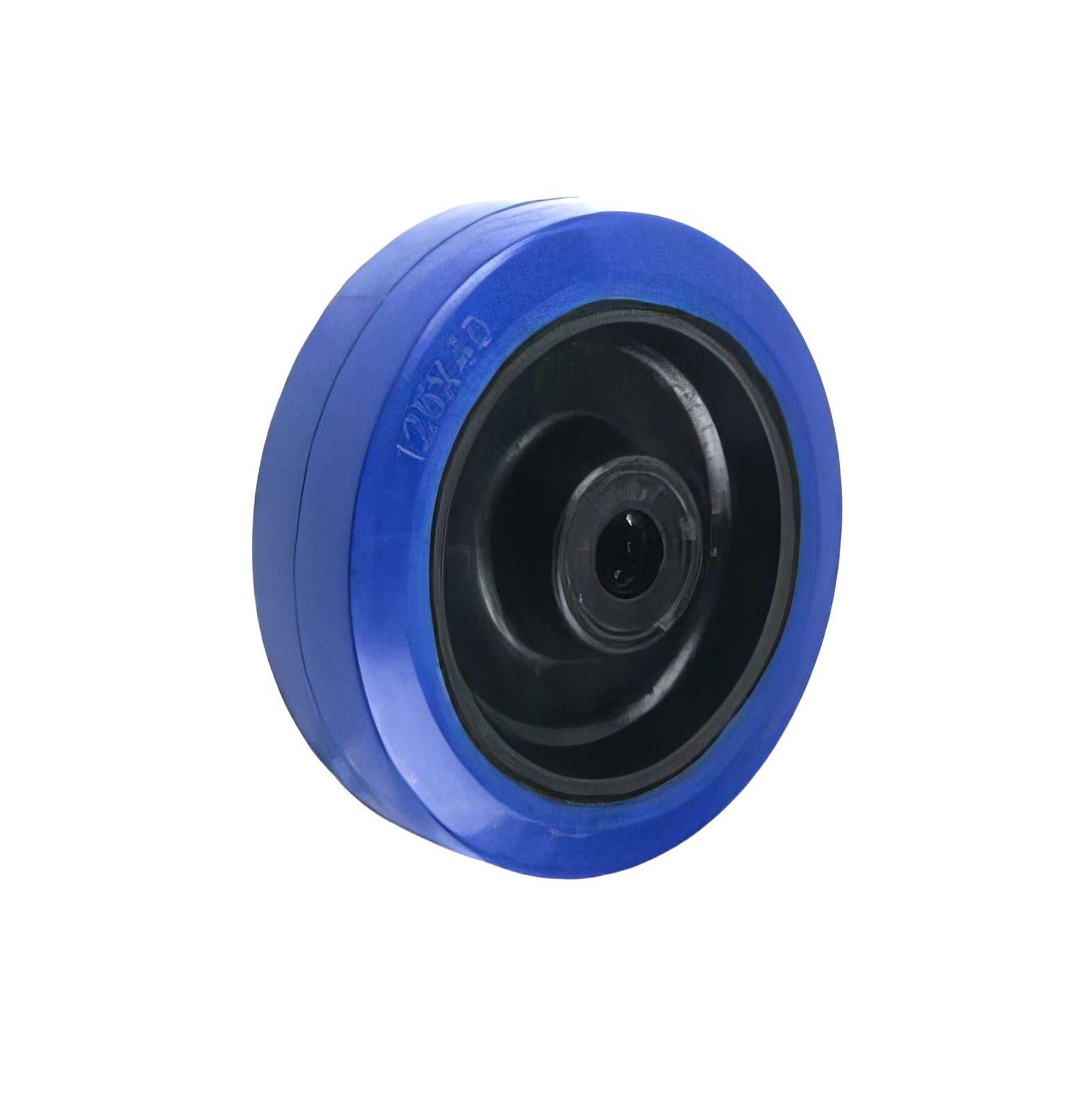Medium/heavy duty wheel with blue elastic rubber tyre and black nylon centre for load capacity 50-500 kg