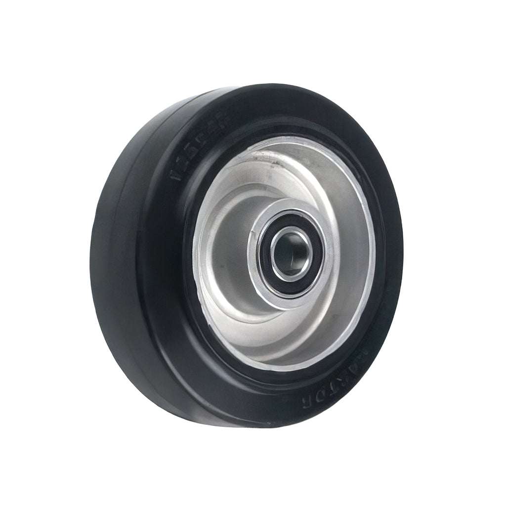 Medium heavy duty wheel with elastic rubber tyre and aluminium centre supporting 125 to 800 kg load