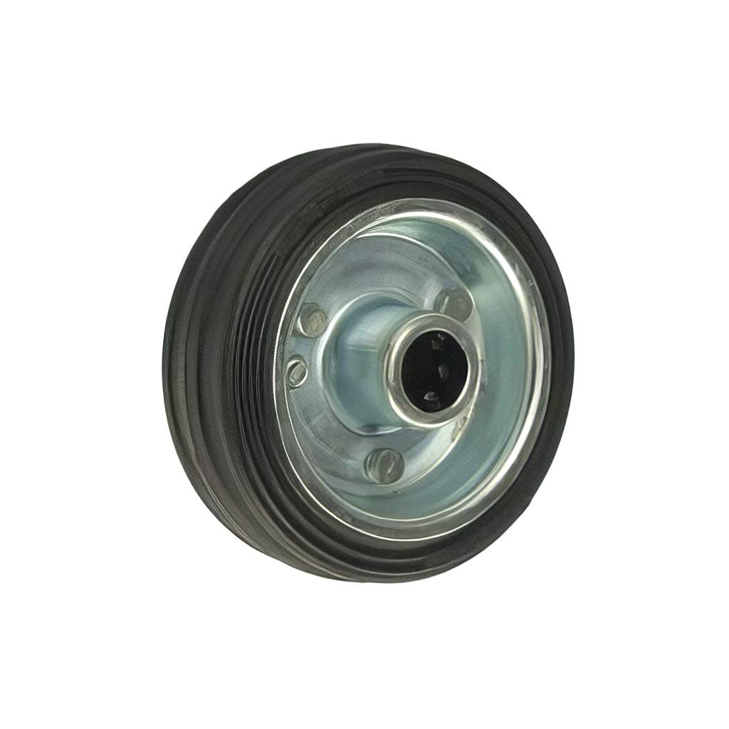 Medium Duty Wheel with black rubber tyre, steel centre, and roller bearing supporting 50-300kg loads