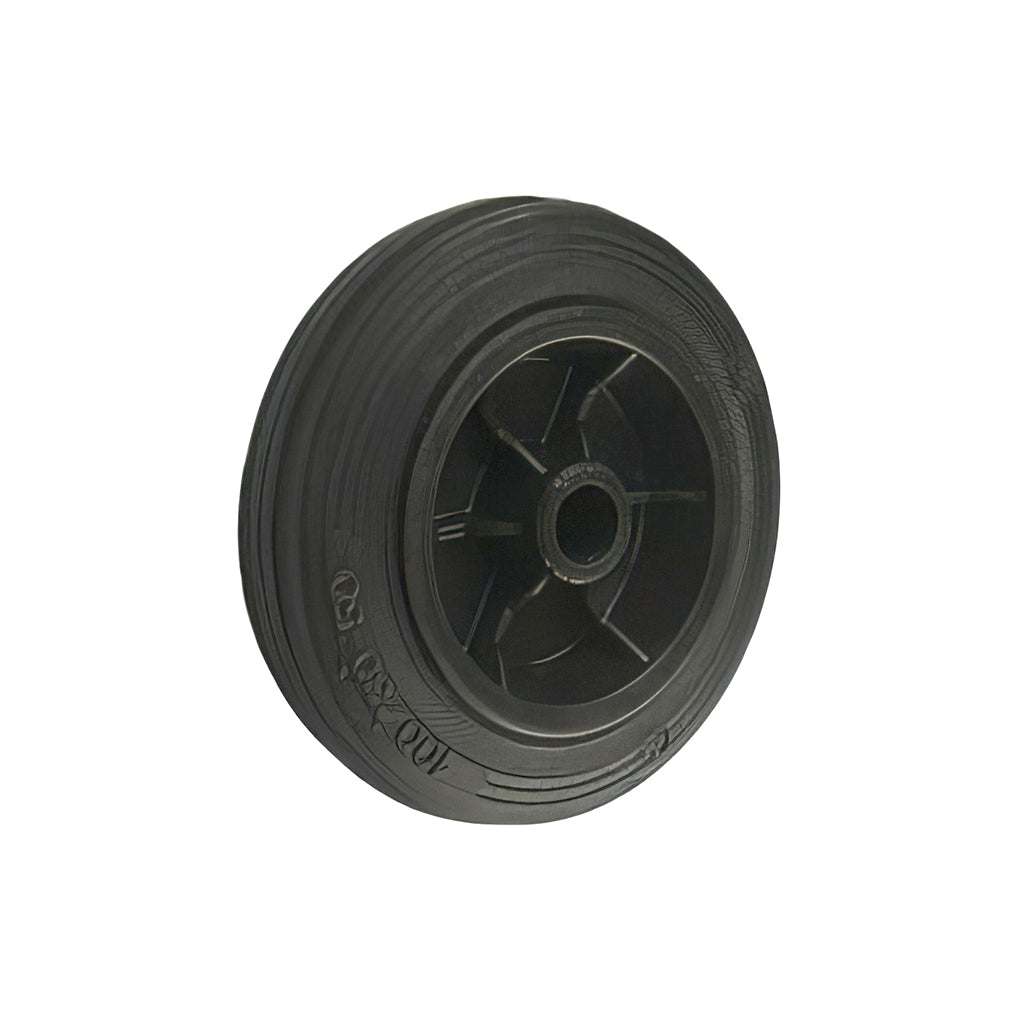 Medium duty wheel with black rubber tyre and plastic centre supporting 50-240 kg loads for trolleys and carts