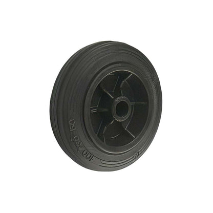 Medium duty wheel with black rubber tyre and plastic centre supporting 50-240 kg loads for trolleys and carts