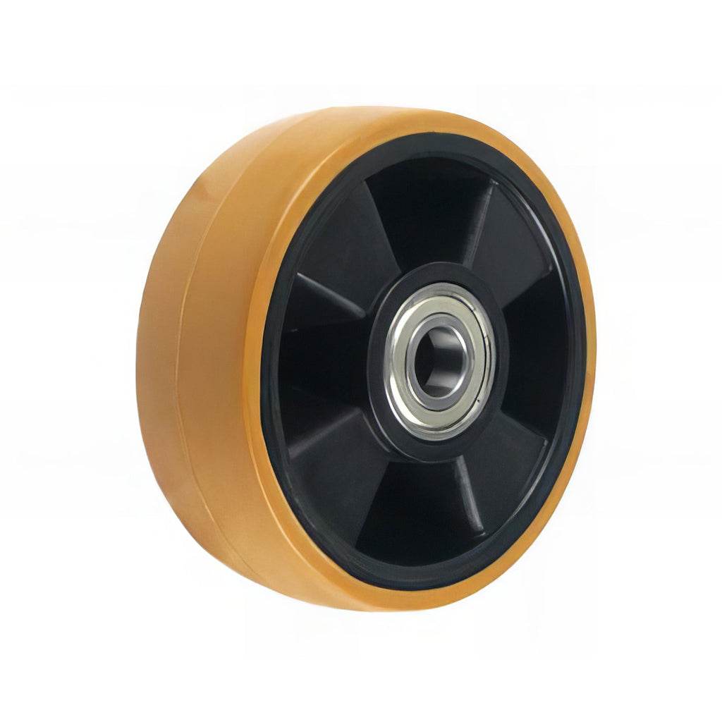 Heavy duty wheel with brown polyurethane tyre and black nylon centre for industrial use, 300-700 kg load capacity