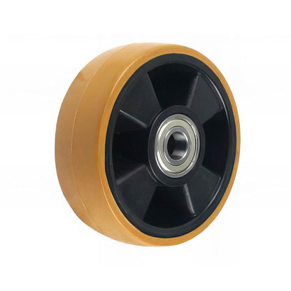 Heavy duty wheel with brown polyurethane tyre and black nylon centre for industrial use, 300-700 kg load capacity