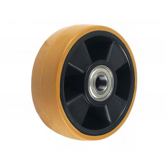 Heavy duty wheel with brown polyurethane tyre and black nylon centre for industrial use, 300-700 kg load capacity