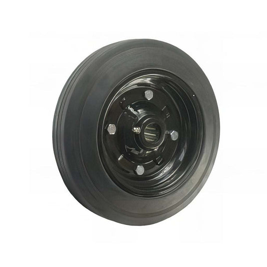 Heavy-load mobility industrial wheel with solid black rubber tyre and bolted steel centre for medium to heavy-duty use