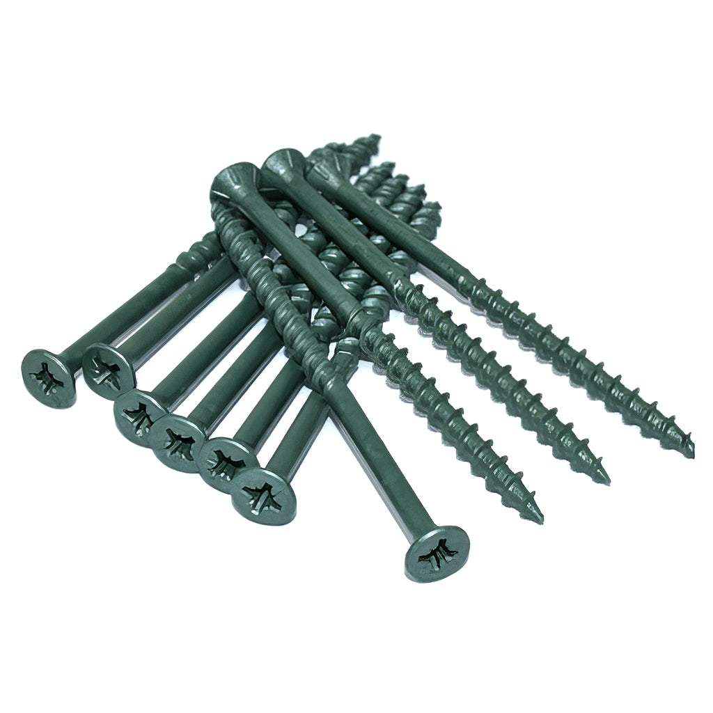 Green carbon steel decking wood screws with double-countersunk head and partial threading for secure fixing