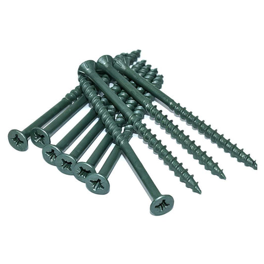 Green carbon steel decking wood screws with double-countersunk head and partial threading for secure fixing