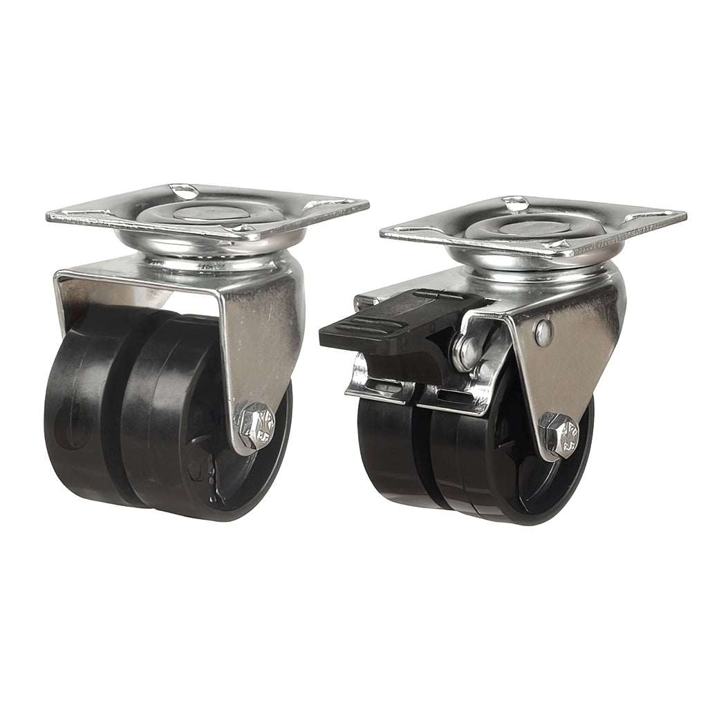Light duty twin wheel plate mounted nylon castor with pressed steel bracket and 60kg load rating