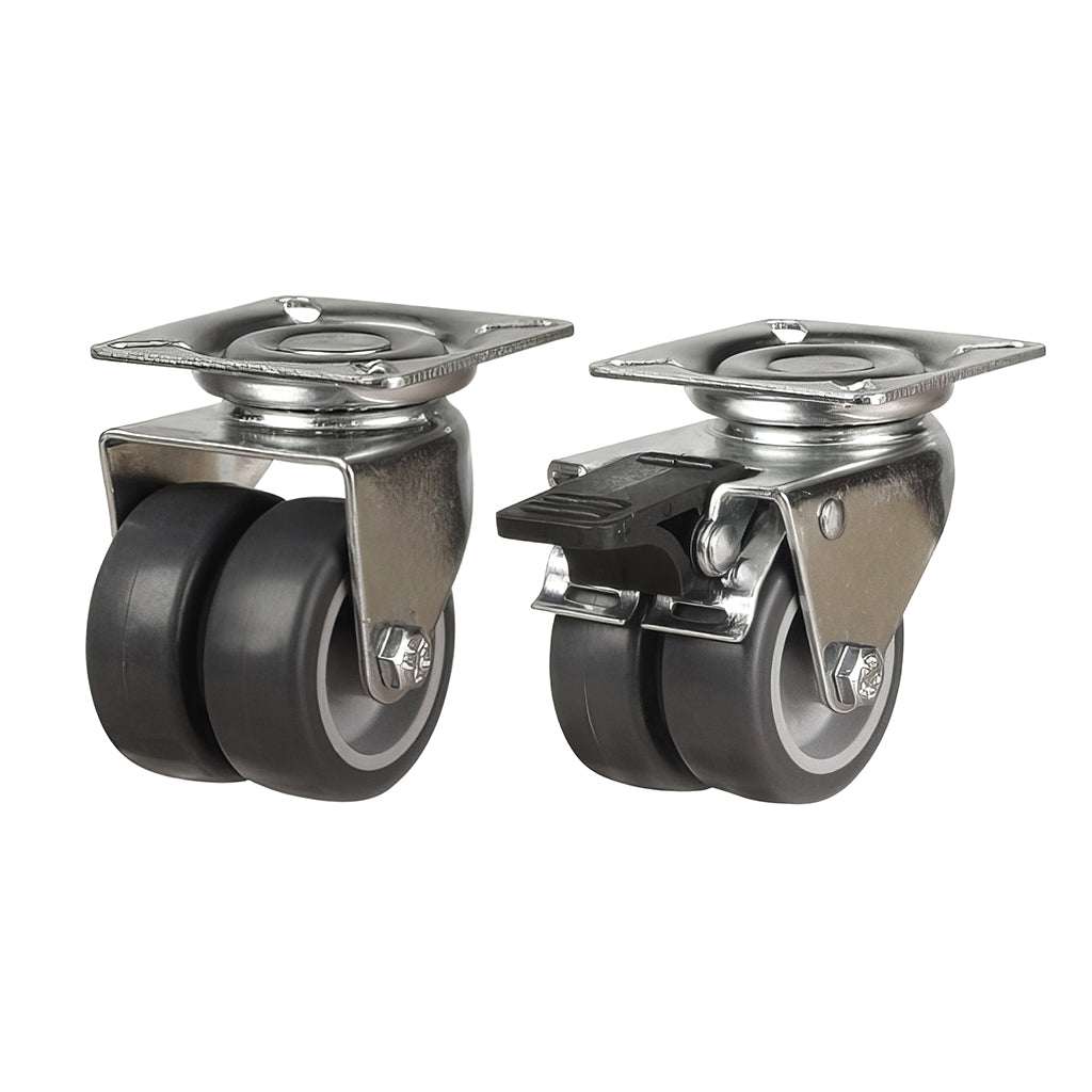 Light duty twin wheel plate mounted castors with synthetic non-marking rubber wheels and zinc-plated finish