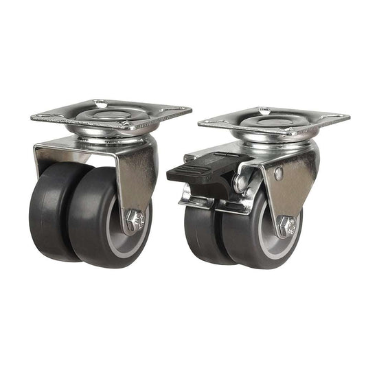 Light duty twin wheel plate mounted castors with synthetic non-marking rubber wheels and zinc-plated finish