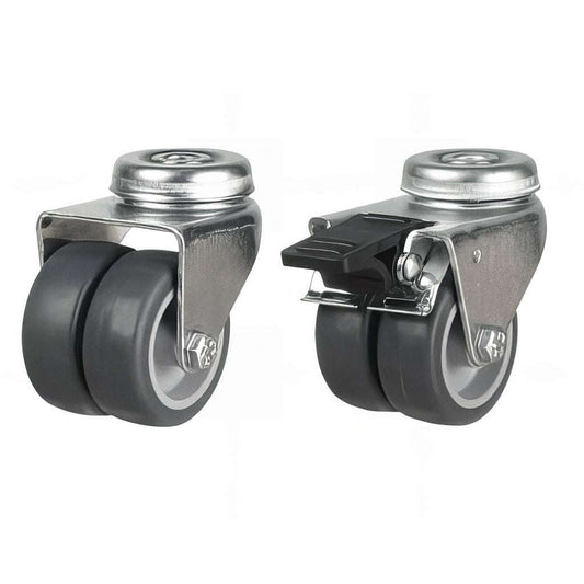 Light duty twin wheel single bolt hole castor with synthetic non-marking rubber wheels and zinc-plated steel bracket, 60kg load rating