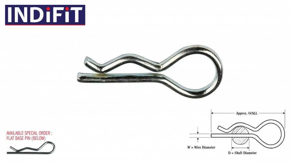 Steel zinc and stainless steel retaining R clip pins displayed on a white background