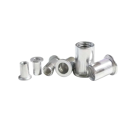 Flange head threaded rivet insert nuts for sheet metal with top hat flange design