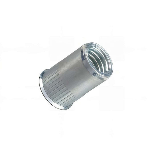 Low profile round body threaded rivet insert nut for sheet metal applications
