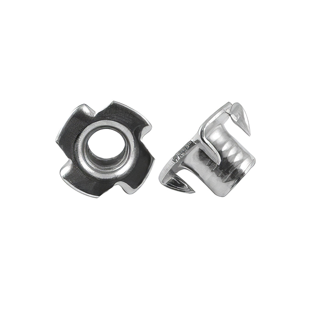 Steel 4 pronged tee nuts for strong wood anchoring, flush-fitting and self-locking design.