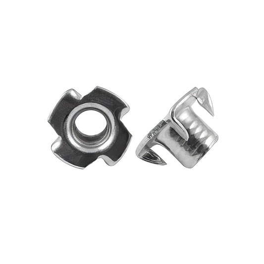 Steel 4 pronged tee nuts for strong wood anchoring, flush-fitting and self-locking design.