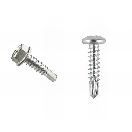 Self drilling screws with drill point for sheet metal fastening and rubber faced washers options