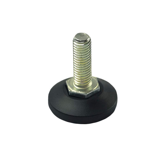 Medium duty static non articulating adjustable foot with black nylon base and steel stud for industrial use