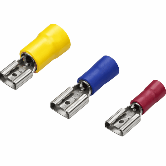 Female spade disconnect terminal with vinyl insulation and tin-plated brass conductor for quick electrical connections
