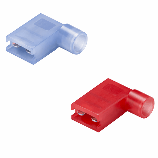 Flag female quick disconnects with right-angle brass and nylon insulation terminals for compact wiring applications